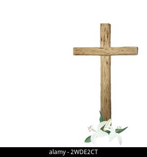 Acquerello croce in legno e gigli per Pasqua, giovedì santo, illustrazione religiosa isolata su bianco Foto Stock