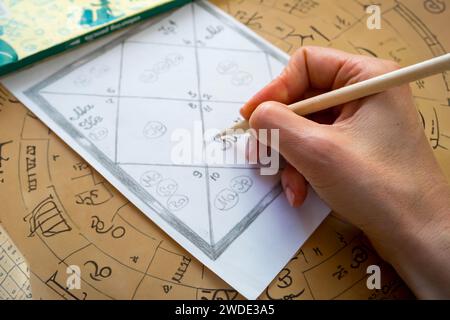 La mano di una donna riempie un grafico astrologico dell'astrologia Jyotish dell'antica India Foto Stock