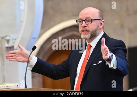 Londra, Regno Unito. 20 gennaio 2023. Liam Byrne deputato che parla alla Conferenza di Capodanno della Fabian Society del 2024, a Guildhall a Londra. Il credito fotografico dovrebbe essere: Matt Crossick/Empics/Alamy Live News Foto Stock