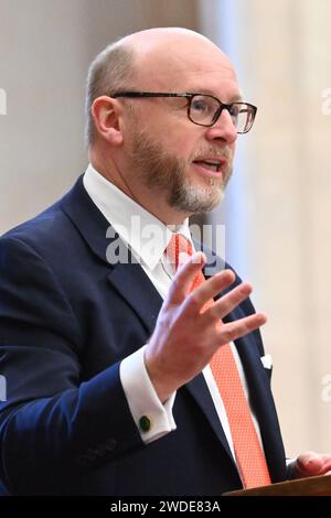 Londra, Regno Unito. 20 gennaio 2023. Liam Byrne deputato che parla alla Conferenza di Capodanno della Fabian Society del 2024, a Guildhall a Londra. Il credito fotografico dovrebbe essere: Matt Crossick/Empics/Alamy Live News Foto Stock