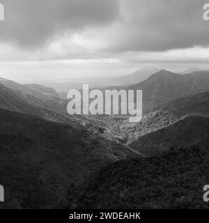 Black River Gorge Viewpoint con la lussureggiante Green Rainforest Valley nelle Mauritius Black and White Foto Stock