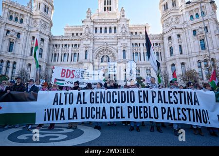 Cybele Square, Madrid, Spagna. 20 gennaio 2024. Mobilitazione contro il genocidio in Palestina e contro la vendita di armi a Israele. Giorno di protesta in tutta la Spagna, a cui si sono unite più di 115 località in tutto il paese. Crediti: EnriquePSans/Alamy Live News Foto Stock