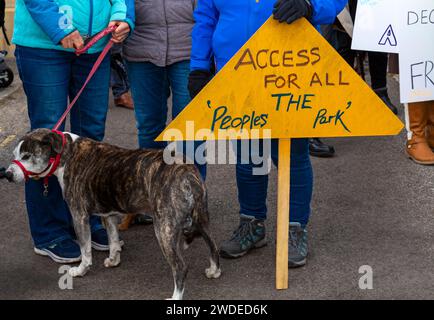 Poole, Dorset, Regno Unito. 20 gennaio 2024. Una protesta pacifica ha luogo contro la chiusura del Whitecliff Road Gate nel Poole Park, che secondo i residenti creerà un “caos del traffico”. Poole Park è stato formalmente aperto dal Principe di Galles il 18 gennaio 1890, una campagna locale residente per mantenere aperto tutti gli ingressi al parco, ha lanciato una petizione e ha chiesto il sostegno di re Carlo. I punti di accesso sono stati chiusi ai veicoli mentre il BCP intraprende una consultazione pubblica. Le opinioni sono divise con le affermazioni che l'autorità ha un programma anti-auto. Crediti: Carolyn Jenkins/Alamy Live News Foto Stock