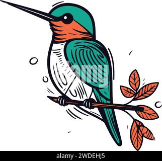 Simpatico colibrì seduto su un ramo con foglie. Illustrazione vettoriale. Illustrazione Vettoriale