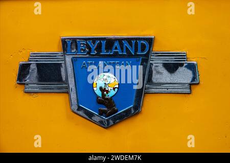 Emblema del distintivo dell'autobus d'epoca Leyland Atlantean . Foto Stock