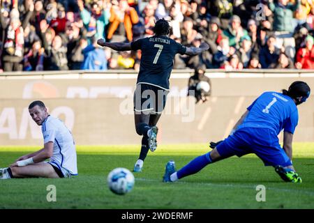 Praga, Repubblica Ceca. 20 gennaio 2024. Victor Olatunji (Sparta), centro, celebra un gol durante una partita preparatoria contro lo Sparta Praha FC Copenhagen, a Praga, Repubblica Ceca, il 20 gennaio 2024. Credito: Ondrej Deml/CTK Photo/Alamy Live News Foto Stock