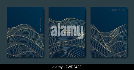 Set vettoriale di sfondi con motivo dorato, modelli di curva con design a onda, elegante grafica lineare. Contenitore elegante scuro, copertina di alta qualità Illustrazione Vettoriale