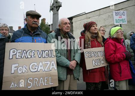 Wrexham, Regno Unito. 20 gennaio 2024. Gli attivisti per la pace e i sostenitori palestinesi tengono cartelli durante la manifestazione. I manifestanti pro-palestinesi si sono riuniti nella città gallese di Llangollen, chiedendo la fine del conflitto e dei crimini di guerra commessi da Israele durante la recente invasione. Le richieste di pace sono giunte con il riconoscimento che Israele sta commettendo nient'altro che genocidio nel massacro massiccio di civili innocenti a Gaza. Credito: SOPA Images Limited/Alamy Live News Foto Stock