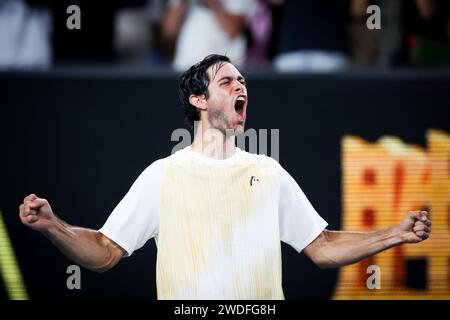 Melbourne, Victoria, Australia. 20 gennaio 2024. NUNO BORGES del Portogallo celebra la vittoria di Grigor Dimitrov della Bulgaria nel 7° giorno degli Australian Open 2024 al Melbourne Park. (Immagine di credito: © Chris Putnam/ZUMA Press Wire) SOLO USO EDITORIALE! Non per USO commerciale! Foto Stock