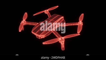 Disegno di un drone quadricottero in rosso di un reticolo di poligoni su uno sfondo nero isolato, rendering 3D. Foto Stock