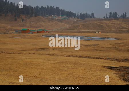 Srinagar Kashmir, India. 20 gennaio 2024. I visitatori camminano lungo le piste da sci di Gulmarg, a circa 55 km da Srinagar. Il prolungato periodo di secchezza di quest'inverno nella valle del Kashmir ha inferto un duro colpo alla famosa stazione sciistica di Gulmarg. Le piste da sci, un tempo trafficate, sono ormai senza neve e sono motivo di delusione per i turisti e in particolare per gli appassionati di sci. L'assenza di nevicate stagionali ha comportato la cancellazione delle prenotazioni di massa per i proprietari di hotel, con un grave impatto sulle loro attività. Questa battuta d’arresto imprevista sottolinea la vulnerabilità delle economie dipendenti dall’inverno e l’urgente necessità di STR Foto Stock