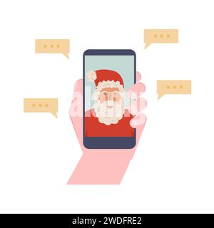 Ragazzo che videochiama con Babbo Natale. Smartphone che tiene la mano. Babbo Natale sullo schermo del dispositivo, chat di Natale online utilizzando l'app mobile durante la pandemia Illustrazione Vettoriale