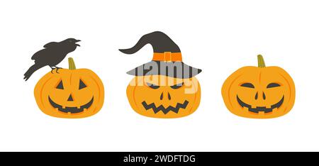 Set di zucche spaventose in cappello da strega. Faccia di zucca raccapricciante con corvo. Personaggi della lanterna Jack. Collezione di elementi di design per gli invitati alla festa di Halloween Illustrazione Vettoriale