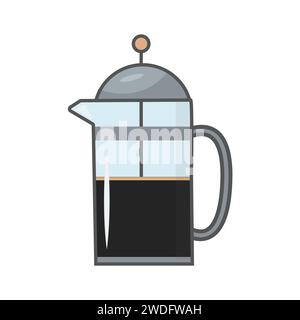 Bollitore per pressa francese. Icona del contorno della caffettiera riempita, pittogramma colorato lineare isolato su bianco. Metodi di estrazione alternativi. Simbolo, logo illustrati Illustrazione Vettoriale