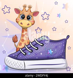 Una simpatica giraffa di cartoni animati con una sneaker. Illustrazione vettoriale di un animale su sfondo blu e rosa con stelle. Illustrazione Vettoriale