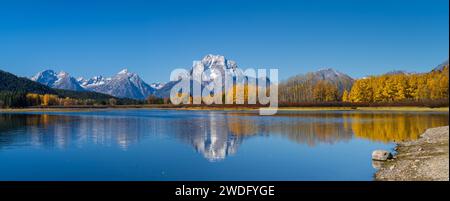 Mount Moran e Oxbow Bend con colori autunnali, Grand Teton National Park, Wyoming, USA. Foto Stock