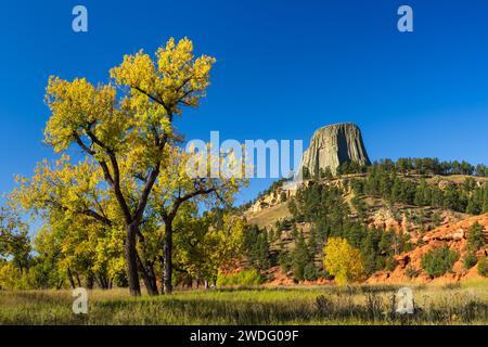 Monumento nazionale della Devils Tower con colori autunnali, vicino a Sundance, Wyoming, Stati Uniti. Foto Stock