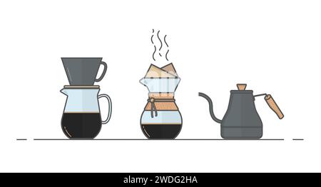 Un bollitore per caffè a collo di cigno. Chemix. Set di icone dei metodi alternativi di estrazione del caffè per il menu del caffè. Design piatto della macchina per il caffè Pour Over. Illustrazione Vettoriale