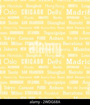 Design grafico di sfondo dei viaggi. Nome città parole modello tipografico. Modello vettoriale senza cuciture - concetto di viaggio mondiale. Illustrazione Vettoriale