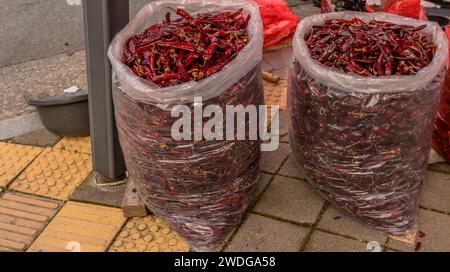 Due grandi sacchetti di plastica pieni di peperoni rossi in vendita seduti sul marciapiede al mercato all'aperto di Daejeon, Corea del Sud Foto Stock