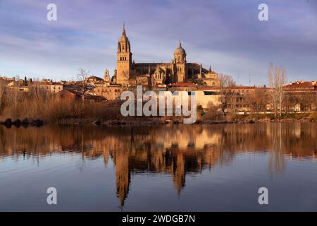 Vista dello skyline di Salamanca con la Cattedrale e il Ponte Enrique Estevan sul fiume Tormes alla splendida luce del tramonto. Foto Stock