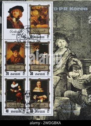 Foglio ricordo con francobollo annullato stampato dalla Corea del Nord, che mostra dipinti di Rembrandt, intorno al 1983. Foto Stock