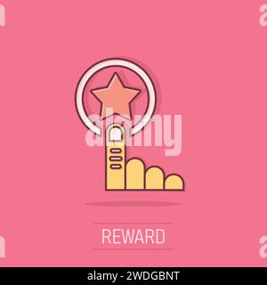 Clicca sull'icona della carta fedeltà in stile fumetto. Mano sulla ricompensa illustrazione vettoriale dei cartoni animati su sfondo isolato. Concetto di business discount Splash Effect. Illustrazione Vettoriale