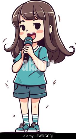 Carina bambina che canta karaoke con microfono. Illustrazione vettoriale. Illustrazione Vettoriale