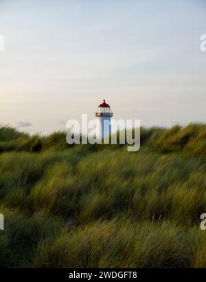 Dune di sabbia erbosa in avvicinamento a Talacre Beach e Point of Ayr Lighthouse; il punto più settentrionale del Galles continentale, Flintshire, Galles, Regno Unito Foto Stock