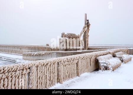 Paesaggio delle meraviglie invernali, molo di Port Stanley coperto da ghiaccioli provenienti dalle onde ghiacciate del lago Erie, eventi meteorologici invernali estremi, Ontario, Canada Foto Stock