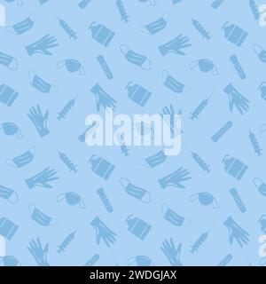 Pattern di scarto di Coronavirus vido vettoriale senza cuciture. Inquinamento plastico su sfondo blu. Problema ambientale o problema ecologico di rifiuti marini, lattice Illustrazione Vettoriale