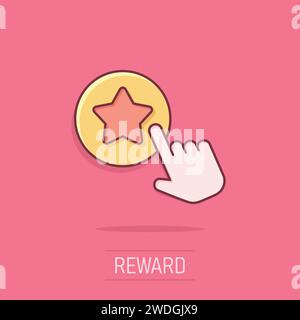 Clicca sull'icona della carta fedeltà in stile fumetto. Mano sulla ricompensa illustrazione vettoriale dei cartoni animati su sfondo isolato. Concetto di business discount Splash Effect. Illustrazione Vettoriale