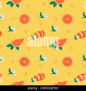 Motivo colorato e senza cuciture con frutti d'arancia, buccia della pelle, foglie e fiori in fiore. Succulenti frutti tropicali estivi. Agrumi in tessuto vettoriale Illustrazione Vettoriale