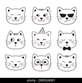 Divertenti facce da gatto. Facce PET personaggio animale. Illustrazioni di Doodle, cartoni animati, disegni in stile fumetto Illustrazione Vettoriale