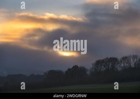 Camminando a Wealden in autunno, un sole molto pallido nascosto tra le nuvole, East Sussex, Inghilterra Foto Stock