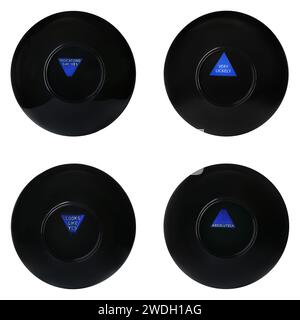 Magic Eight Ball con previsioni diverse isolate su bianco, Collection Foto Stock