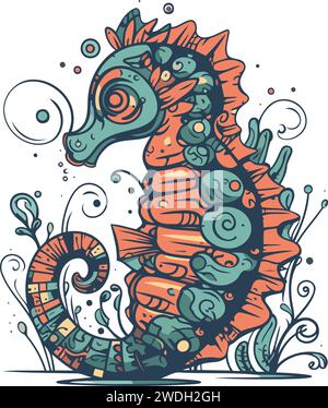 Seahorse. Illustrazione vettoriale disegnata a mano in stile doodle. Illustrazione Vettoriale