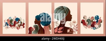 Silhouette di gruppo di donne multiculturali. Giornata internazionale delle donne. Diversità - inclusione - uguaglianza o emancipazione. Modello - poster di copertina - banner Illustrazione Vettoriale