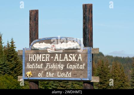 Wood sind, il cartello nautico dà il benvenuto ai visitatori di Homer Alaska Foto Stock