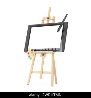 Cavalletto per artisti in legno con monitor tablet da disegno con grafica digitale di grandi dimensioni con penna e schermo vuoto per la progettazione su sfondo bianco. 3d rende Foto Stock