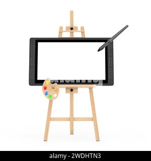 Cavalletto per artisti in legno con monitor tablet da disegno con grafica digitale di grandi dimensioni con penna e schermo vuoto per la progettazione su sfondo bianco. 3d rende Foto Stock