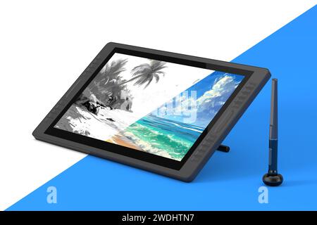 Monitor tablet con disegno grafico digitale di grandi dimensioni con penna e disegno astratto di Ocean Sand Beach su sfondo bianco e blu. Rendering 3D. Foto Stock