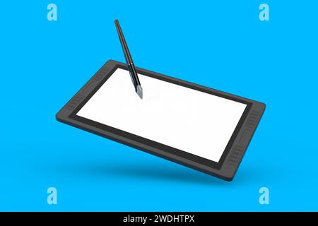 Monitor tablet per disegno grafico digitale di grandi dimensioni con penna e schermo vuoto per il tuo progetto su sfondo blu. Rendering 3D. Foto Stock
