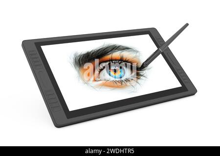 Monitor tablet per disegno grafico digitale di grandi dimensioni con penna e disegno astratto di un occhio femmina dai colori vivaci su sfondo bianco. Rendering 3D. Foto Stock