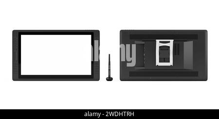 Monitor tablet per disegno grafico digitale di grandi dimensioni con penna e schermo vuoto per il tuo progetto su sfondo bianco. Rendering 3D. Foto Stock