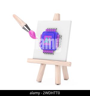 Disegnatore di cartoni animati pennello con Easel e processore CPU Microchip basato su IA icona Web su sfondo bianco. Rendering 3D. Foto Stock