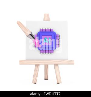 Disegnatore di cartoni animati pennello con Easel e processore CPU Microchip basato su IA icona Web su sfondo bianco. Rendering 3D. Foto Stock