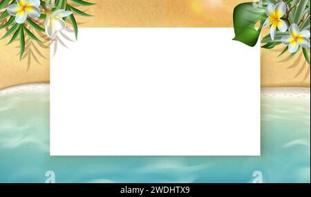 illustrazione vettoriale realistica. Sfondo estivo. Spiaggia di sabbia con mare e spazio per la copia di banner o volantini. Illustrazione Vettoriale