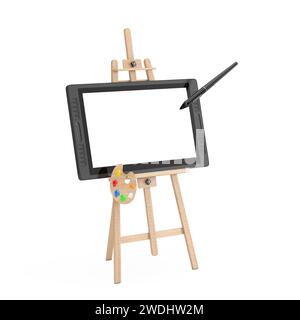 Cavalletto per artisti in legno con monitor tablet da disegno con grafica digitale di grandi dimensioni con penna e schermo vuoto per la progettazione su sfondo bianco. 3d rende Foto Stock