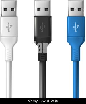icona vettoriale realistica. Set di modelli di cavi USB bianchi, neri e blu. Isolato su sfondo bianco. Illustrazione Vettoriale